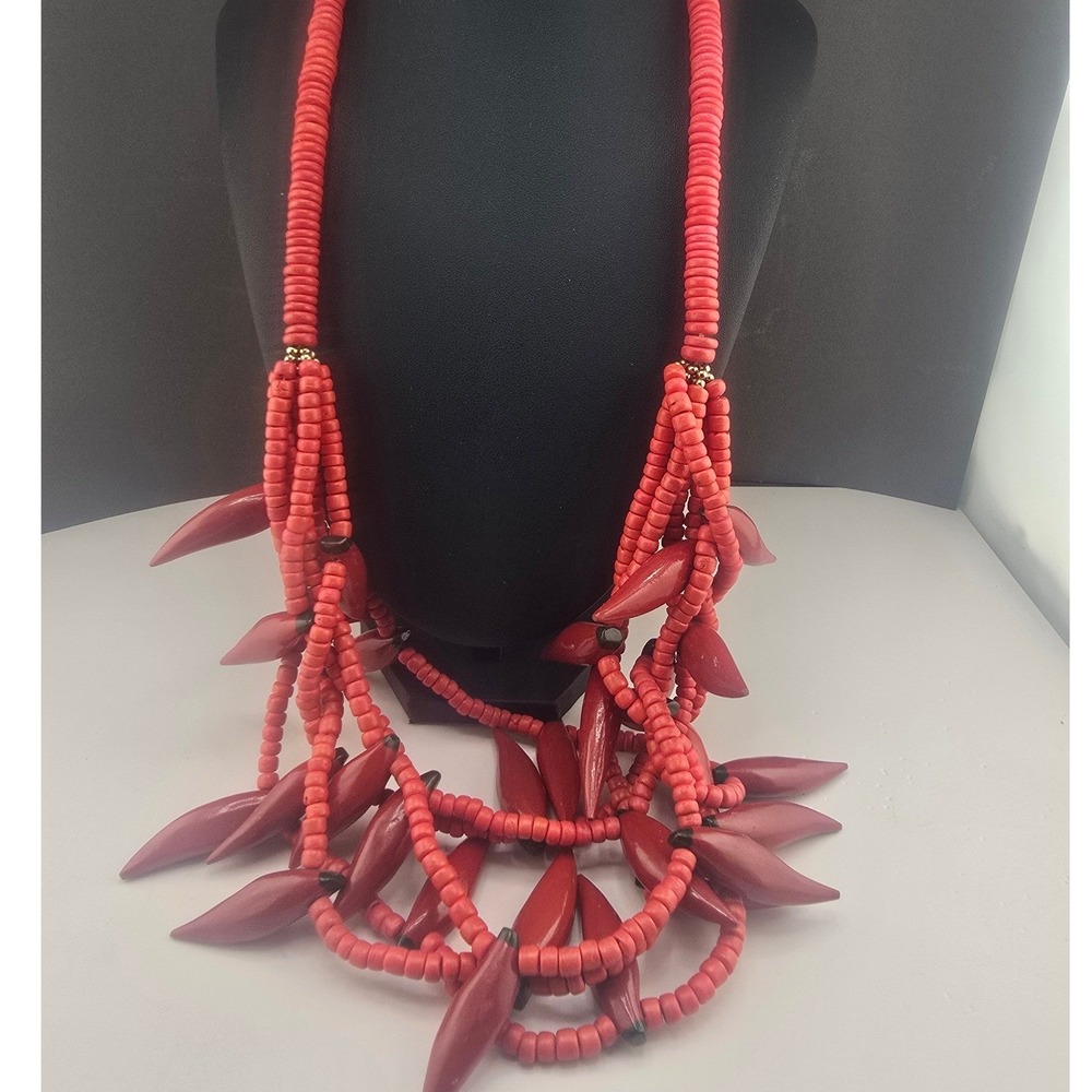 Vintage Estate Necklace Red Multi Strand Beaded Statement Drop Peppers 28in